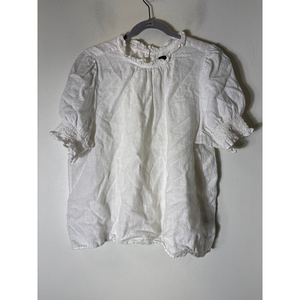 J.Crew White Linen Rufflec Neck Blouse Sz XXL